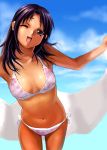  1girl :3 bikini kurusugawa_ayaka long_hair purple_hair shihira_tatsuya side-tie_bikini smile solo swimsuit to_heart towel violet_eyes wink 