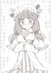  1girl blush bonnet book book_hug female frills hat holding holding_book long_hair monochrome patchouli_knowledge sin-go solo striped touhou translation_request 
