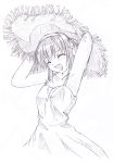  1girl dress graphite_(medium) hat kinagi_yuu monochrome purple sketch solo sundress suzumiya_haruhi suzumiya_haruhi_no_yuuutsu traditional_media 