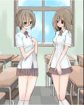  2girls black_eyes brown_hair classroom desk glasses long_hair multiple_girls saibashi school_desk school_uniform serafuku short_hair 