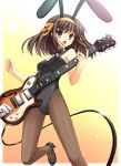  1girl animal_ears brown_hair bunnysuit electric_guitar guitar highres instrument pantyhose rabbit_ears short_hair solo suzumiya_haruhi suzumiya_haruhi_no_yuuutsu uehiro 