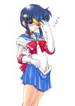  1boy bishoujo_senshi_sailor_moon blue_skirt bow cosplay gloves magical_girl male_focus original red_bow sailor_moon sailor_moon_(cosplay) simple_background skirt solo spark_utamaro tears trap tsukino_usagi_(cosplay) undressing white_background white_gloves 