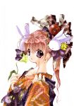  1girl animal_ears bunny_hair_ornament earrings flower hair_ornament hair_ribbon highres japanese_clothes jewelry kimono koge_donbo long_hair looking_at_viewer misha misha_(pita_ten) official_art pink_hair pita_ten rabbit_ears ribbon scan simple_background solo violet_eyes white_background 