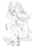  1girl barefoot blush bonnet book dress female frills hands hat long_hair monochrome patchouli_knowledge profile reading sin-go sitting sketch solo stairs touhou 