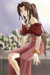  1girl aerith_gainsborough bow cropped_jacket dress final_fantasy final_fantasy_vii flower jacket pink_bow pink_dress sitting solo 
