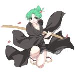  1girl earrings green_eyes green_hair higurashi_no_naku_koro_ni japanese_clothes jewelry katana kimono looking_at_viewer matsukura_nemu mature milf petals shirasaya simple_background smile solo sonozaki_akane sword tabi tied_hair weapon white_background 