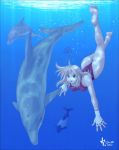    1girl barefoot blonde_hair competition_swimsuit dolphin feet fingerless_gloves freediving gloves high_cut_kingdom highleg highleg_swimsuit legs murasaki_nyaa nyanko_batake one-piece_swimsuit swimsuit underwater 