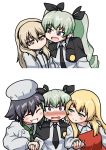  anchovy anzio_school_uniform bangs black_bow black_bowtie black_hair black_necktie black_ribbon blonde_hair blush bow bowtie braid cape carpaccio chef_hat chef_uniform closed_eyes closed_mouth commentary dress_shirt drill_hair girls_und_panzer green_eyes green_hair grin hair_ribbon half-closed_eyes hand_holding hat light_brown_hair long_hair long_sleeves looking_at_another necktie open_mouth pepperoni_(girls_und_panzer) red_eyes ribbon roah school_uniform shimada_arisu shirt short_hair side_braid side_ponytail simple_background skirt smile suspender_skirt suspenders twin_drills twintails upper_body wavy_mouth white_background white_shirt yuri 