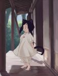  1girl amami_mikihiro animal_ears barefoot black_hair cat_ears cat_tail original pajamas short_hair solo tail veranda 
