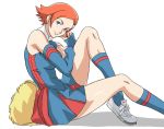  00s 1girl armpits blue_eyes blush cheerleader chin_rest cirima detached_sleeves dress hair_ornament hairclip head_tilt kneehighs leg_up looking_back orange_hair overman_king_gainer pom_poms redhead sara_kodama shoes short_dress simple_background sitting smile sneakers socks solo volvox 