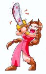  1girl aerith_gainsborough blood chainsaw crazy_eyes dress final_fantasy final_fantasy_vii long_dress lowres out_of_character pink_dress solo what white_background 