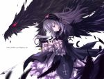  00s 1girl black_dress black_wings dragon dress frilled_sleeves frills from_side hairband lolita_hairband long_hair long_sleeves looking_down monster red_eyes rozen_maiden setuna_(jigaren) silver_hair simple_background solo suigintou very_long_hair violet_eyes white_background wings 