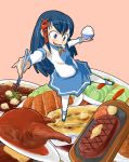 blue_eyes blue_hair chibi chopsticks food grin in_food long_hair meat minigirl os-tan rice skirt smile xp-tan 