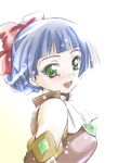  1girl :d bangs bare_shoulders blue_hair blunt_bangs bow brooch detached_sleeves earrings green_eyes hair_bow jewelry looking_at_viewer mamiina open_mouth red_bow short_hair simoun smile solo uniform upper_body 