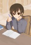  1girl androgynous book brown_eyes brown_hair fujioka_haruhi highres library ouran_high_school_host_club pencil reverse_trap short_hair solo sweater 