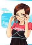  00s 1girl 2006 adjusting_glasses black_dress brown_eyes brown_hair dated dress glasses original red-framed_glasses red_shirt sasetsu shirt short_sleeves smile solo upper_body 