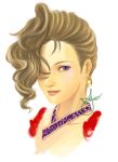  1girl blue_eyes brown_hair dj_midori earrings face gensou_suikoden gensou_suikoden_v hair_over_one_eye jewelry lips looking_at_viewer portrait sialeeds_falenas simple_background smile solo upper_body white_background 