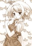  1girl brown monochrome nishikiori_jin nishikiori_kami overalls popsicle sketch solo strap_slip suzumiya_haruhi suzumiya_haruhi_no_yuuutsu sweat 