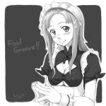  1girl blush breasts cleavage cleavage_cutout frills greyscale hands_together looking_at_viewer maid maid_headdress medium_breasts monochrome original sakura_kotetsu short_sleeves simple_background smile solo underbust upper_body 