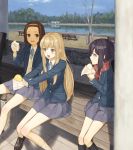  3girls bench black_hair blazer blonde_hair blue_eyes bread brown_eyes brown_hair food grey_skirt hairband highres jacket k-on! kotobuki_tsumugi long_hair multiple_girls nakano_azusa open_mouth pleated_skirt red_scarf scarf scenery school_uniform short_hair sitting skirt tainaka_ritsu turu twintails 