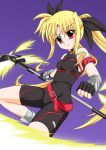  00s 1girl arm_guards armor armored_boots bardiche belt black_gloves blonde_hair bodysuit boots clenched_hand elbow_gloves energy_blade fate_testarossa fingerless_gloves gloves hair_ribbon kirisawa_tokito long_hair lyrical_nanoha mahou_shoujo_lyrical_nanoha polearm red_eyes ribbon scythe smile solo staff very_long_hair weapon 
