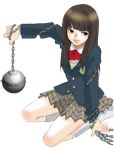  ball_and_chain brown_eyes brown_hair footwear gogo gogo_yubari inuburo kill_bill killbill lips long_hair school_uniform serafuku sitting socks weapon 