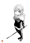  1girl from_above monochrome original solo sword thigh-highs weapon weshika 