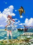  1girl amano_kozue anime_coloring aria aria_pokoteng barefoot boat clothes_grab clouds female fish from_behind gondola green_eyes hat looking_back mizunashi_akari ocean official_art outdoors pink_hair scenery shoe_hold shoes_removed skirt_hold sky soaking_feet solo_focus sun sunlight twintails uniform wading water 