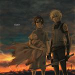  3boys arm_guards artist_request baby battlefield belt black_hair blonde_hair blood bloody_clothes breastplate clouds dated detached_sleeves floating_hair gloves hand_holding hatake_kakashi holding injury konohagakure_symbol looking_at_viewer multiple_boys naruto sad shirt sky standing sunset sword t-shirt tattoo turtleneck umino_iruka unsheathed uzumaki_naruto weapon whisker_markings wind younger 