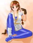  1girl blush braid brown_eyes brown_gloves brown_hair dougi embarrassed fingerless_gloves gloves headband king_of_fighters long_hair loose_socks nagase_haruhito ryuuko_no_ken sash shiny shiny_clothes single_braid sitting snk socks solo spandex spread_legs the_king_of_fighters very_long_hair yuri_sakazaki 