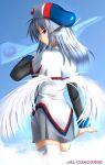  1girl airplane c-wing flight_airplanes grey_hair head_wings japan_air_lines japan_airlines mascot mecha_musume personification red_eyes silver_hair solo thigh-highs wings zettai_ryouiki 