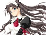  1girl black_hair blush cravat fate/stay_night fate_(series) green_eyes jewelry long_hair maid maid_headdress pin.x puffy_sleeves simple_background solo sweatdrop tohsaka_rin two_side_up upper_body white_background 
