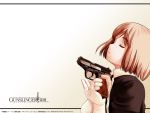  00s 1girl aida_yuu bob_cut brown_hair copyright_name gloves gun gunslinger_girl handgun henrietta pistol solo wallpaper weapon 