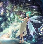  1girl anklet back barefoot dress fairy green_hair igarashi_youhei jewelry looking_at_viewer looking_back mushroom original pointy_ears short_hair solo sparkle wings 