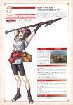  1girl :d absurdres armpits arms_up bag bandanna barefoot bike_shorts breasts brown_eyes brown_hair character_name character_profile choker cleavage feet fingerless_gloves floral_print gensou_suikoden gensou_suikoden_v gloves harpoon hat highres huge_breasts japanese_clothes jewelry kizaki_sub-zero large_breasts lun official_art open_clothes open_mouth open_shirt pendant polearm sarashi sash scan shirt short_hair smile solo spear standing toeless_socks toes weapon 