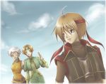  1boy 2girls bandanna blonde_hair cogwheel elf facial_mark forehead_mark gensou_suikoden gensou_suikoden_iv green_eyes jewel_(suikoden) lazlo multiple_girls paula_(suikoden) pointy_ears short_hair silver_hair sky wink 