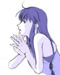  1girl ahoge bare_shoulders gensou_suikoden hands_together long_hair monochrome parted_lips purple simple_background solo upper_body viki viki_(suikoden) white_background 