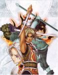  1girl 3boys angry aqua_eyes arm_up armor armpits belt bent_over black_hair blonde_hair boots bracelet chris_lightfellow clenched_teeth detached_sleeves eyepatch feathers fighting_stance fire flame_champion fur_trim geddoe gensou_suikoden gensou_suikoden_iii gloves highres hugo ishikawa_fumi jewelry knife multiple_boys necklace official_art pendant short_hair silver_hair spiky_hair staff sword tan teeth torn_clothes violet_eyes weapon 