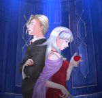  1boy 1girl alcohol blonde_hair choker closed_eyes couple cup dress formal gensou_suikoden gensou_suikoden_ii gensou_suikogaiden hairband hetero long_hair nash_latkje red_eyes short_hair sierra_mikain silver_hair suit vampire white_hair wine wine_glass yumi_(pixiv275460) 