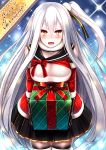  1girl :d adapted_costume aircraft_carrier_oni alternate_costume box breasts carrying cleavage fuuki_(te_fuukin) gift gift_box kantai_collection looking_at_viewer merry_christmas one_side_up open_mouth orange_eyes shinkaisei-kan smile solo white_hair white_skin 