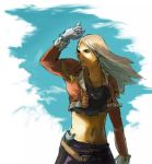  1girl belt chickenbudget collarbone cowboy_shot expressionless floating_hair gensou_suikoden gensou_suikoden_iv gloves holster jacket jewelry kika kika_(suikoden) long_sleeves navel necklace open_clothes open_jacket pendant pirate short_hair silver_hair solo sunlight tank_top wind 