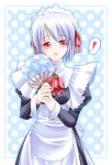  1girl :d apron bangs blue_background blush brooch cravat fan heart holding jewelry juliet_sleeves kotonomiya_yuki long_sleeves looking_at_viewer maid maid_apron maid_headdress open_mouth outside_border paper_fan polka_dot polka_dot_background puffy_sleeves red_eyes short_hair silver_hair smile solo spoken_heart suigetsu tsukuyo_(artist) uchiwa 