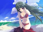  1girl beach bikini f&amp;c game_cg green_hair izumi_yuujirou long_hair ocean red_eyes seaside solo summer swimsuit 
