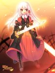  1girl armor armored_dress boots dress knee_boots komi_zumiko long_hair mugen_no_fantasia red red_dress red_eyes ribbon solo sword weapon white_hair 