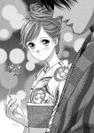  1boy 1girl blush japanese_clothes kimono monochrome yukata 