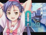  1girl aika_granzchesta alchemist_(company) aria blue_hair boat bow hat house long_hair official_art pink_bow ribbon smile solo twintails uniform water watercraft yellow_eyes 