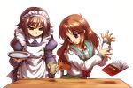  2girls alternate_costume asahina_mikuru black_hair book brown_eyes chair clenched_teeth enmaided green_tea hisahiko long_hair maid maid_headdress multiple_girls nagato_yuki red_eyes role_reversal school_uniform serafuku short_hair simple_background sitting suzumiya_haruhi_no_yuuutsu tea teeth tray white_background yunomi 