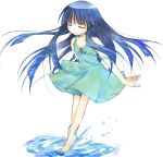  1girl aqua_skirt barefoot blue_hair closed_eyes dress furude_rika higurashi_no_naku_koro_ni solo suzushiro_kurumi water 