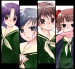  00s 4girls blush bob_cut brown_hair column_lineup expressionless fukuzawa_yumi looking_at_viewer maria-sama_ga_miteru matsudaira_touko mizuno_youko multiple_girls ogasawara_sachiko pillar purple_hair scarf school_uniform serafuku short_hair smile tsukamoto_miei twintails wavy_mouth 