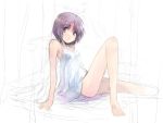  1girl bare_shoulders barefoot brown_eyes chemise hara_takehito original parted_lips purple_hair short_hair sketch solo 